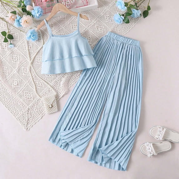 LPKRT Girls 2 Piece Matching Clothing Set Ruffle Crop Tops With Ruched Wide Leg Pants Summer Fashionable Lightweight Outfits Sets Blue 9-10 Years