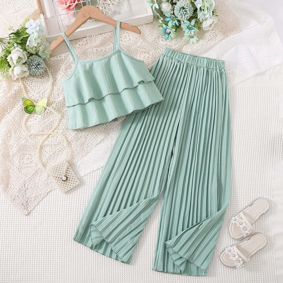 LPKRT Girls 2 Piece Matching Clothing Set Ruffle Crop Tops With Ruched Wide Leg Pants Summer Fashionable Lightweight Outfits Sets Green 7-8 Years