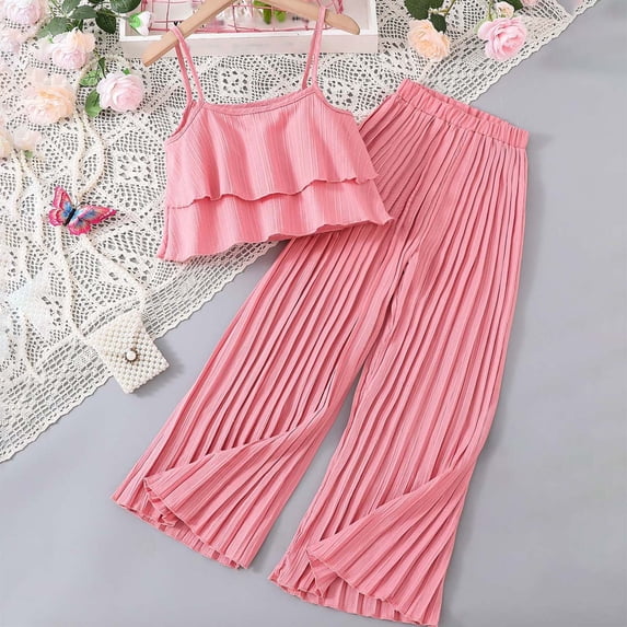 LPKRT Girls 2 Piece Matching Clothing Set Ruffle Crop Tops With Ruched Wide Leg Pants Summer Fashionable Lightweight Outfits Sets Pink 9-10 Years