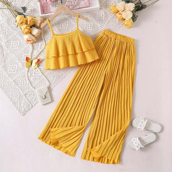 LPKRT Girls 2 Piece Matching Clothing Set Ruffle Crop Tops With Ruched Wide Leg Pants Summer Fashionable Lightweight Outfits Sets Yellow 8-9 Years