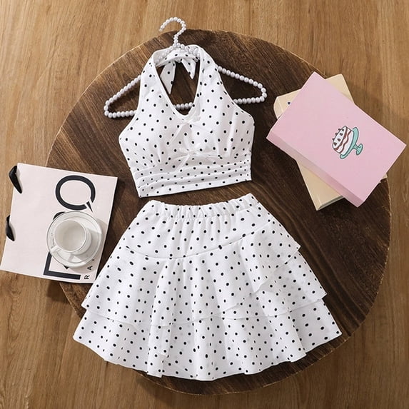 LPKRT Girls 2 Piece Polka Dot Clothing Set Halter Cami Top And Layered Ruffle Skirt Summer Beach Vacation Outfits Sets White 8Y