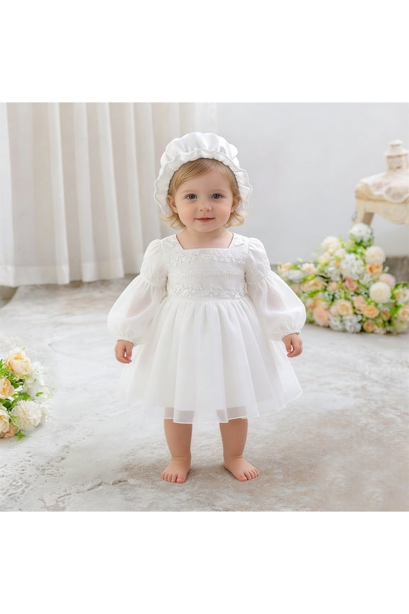 Girls 2 Piece Wedding Set Long Sleeve Embroidered Tutu Dress With Matching Hat Party Baptism Gown Sets White 9-12 Months