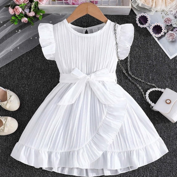 LPKRT Girls Flutter Sleeve Sundress Ruffle Solid Color Casual Dresses With Matching Sash Belt Summer Outfits White 6-7 Years