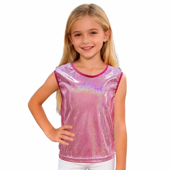 LPKRT Girls Glitter Sleeveless Tank Top Classic Fit Crewneck Metallic Dance Shirt Trendy Comfortable Party T-Shirt Hot Pink 160