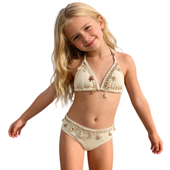 LPKRT Girls Halter Triangle Bikini Set Kids Two Piece Boho Solid Color Ribbed Swimsuit Outfit Lightweight Breathable Bathing Suit Beige 11-12 Years
