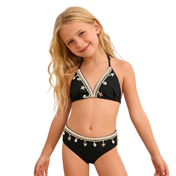 LPKRT Girls Halter Triangle Bikini Set Kids Two Piece Boho Solid Color Ribbed Swimsuit Outfit Lightweight Breathable Bathing Suit Black 11-12 Years