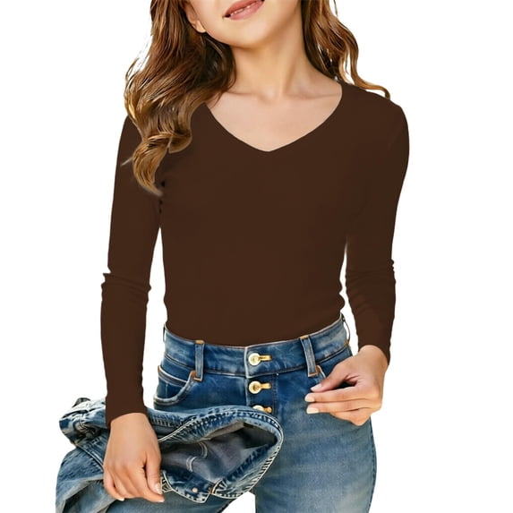 LPKRT Girls Long Sleeve Summer Tops Ribbed Knit V Neck Solid Color Tshirts Children Soft Comfy Trendy Classic Clothes Brown 11-12 Years