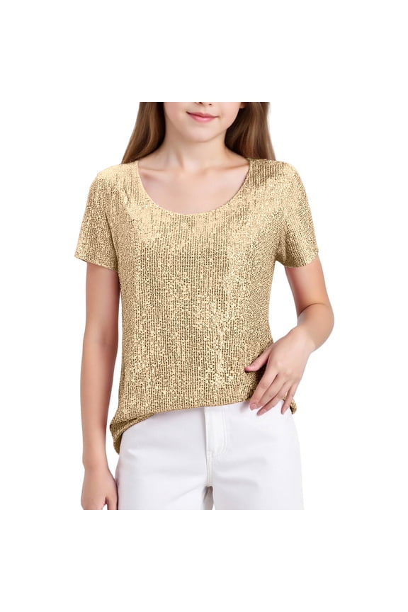 Girls Long Sleeve T Shirts Breathable Sequin Crewneck Tee Top Children Spring spring Fashionable Lightweight Clothes Gold 120