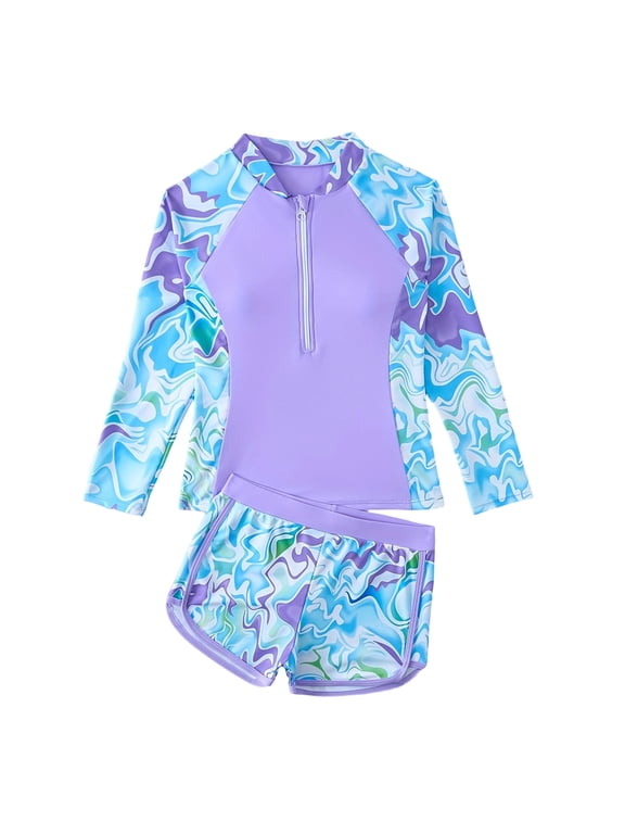 Girls Long Sleeve Two Piece Swimsuit - Rash Guard Set With Swim Cap, Surf Diving Bathing Suit for 7-14 Years(Blue-140(9T-10T))