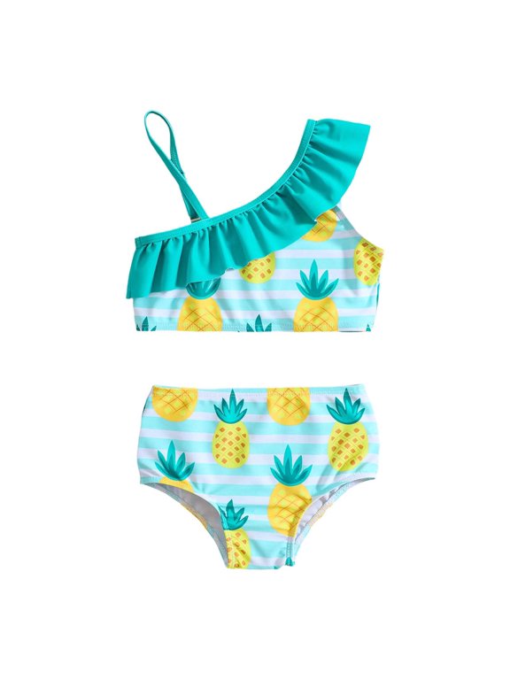 Girls Pineapple Print Bikini Set - One Shoulder Two Piece Swimsuit, Tropical Beach Bathing Suit for Kids(Mint Green-80(6M-12M))