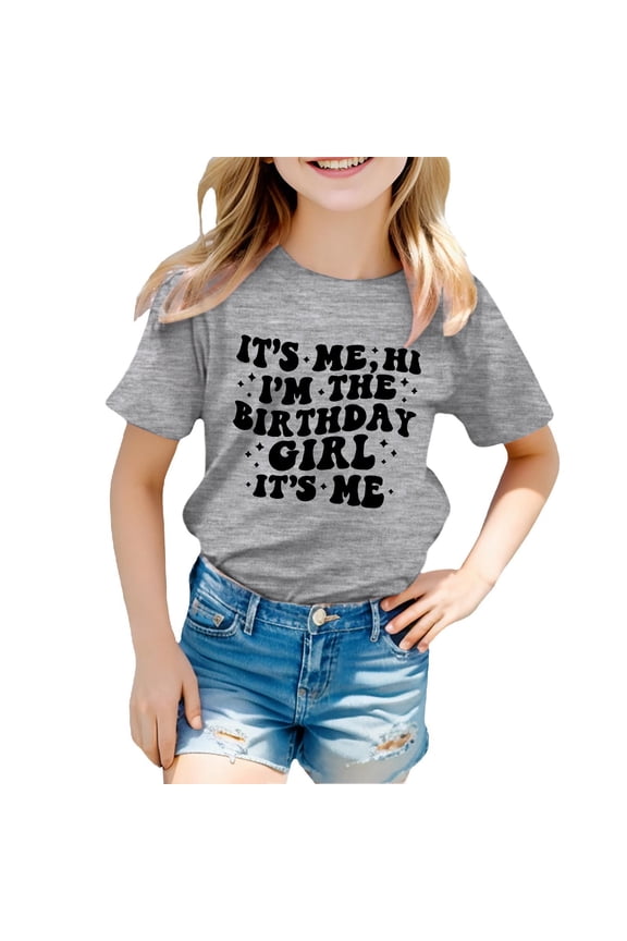 Girls Short Sleeve T Shirts Birthday Print Crewneck Classic Tee Tops Kids Loose Fit Breathable Summer Clothes Tops Grey 3-4 Years