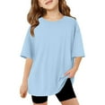 thumbnail image 1 of LPKRT Girls Short Sleeve T Shirts Solid Color Crewneck Basic Tee Tops Kids Oversized Lightweight Daily Wear Summer Tops Light Blue 3-4 Years, 1 of 6