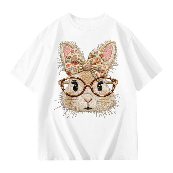 LPKRT Girls Short Sleeve Tshirts Crewneck Cute Rabbit Graphic Casual Top Children Soft Comfy Comfortable Spring Summer Clothes White 5-6 Years