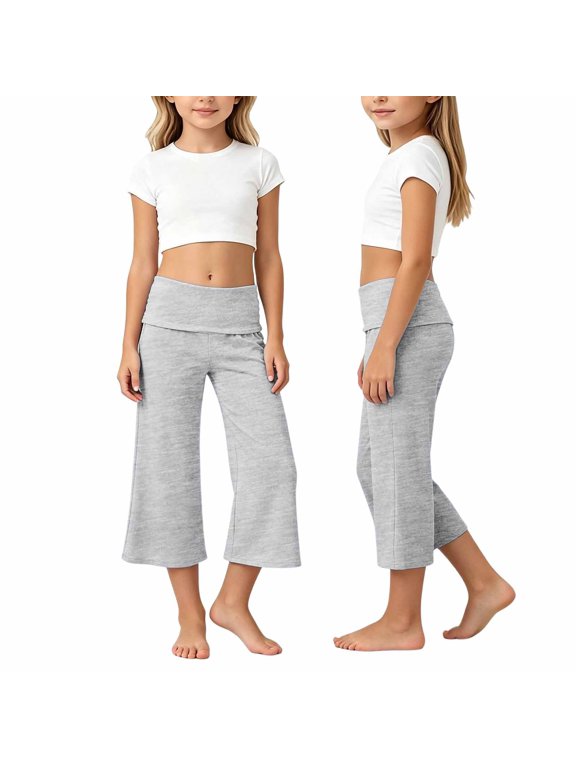 Girls Soft Capri Flared Pants High Waist Solid Color Cropped Wide Leg Pants Stretch Comfort Yoga Pants Light Gray 5-6 Years