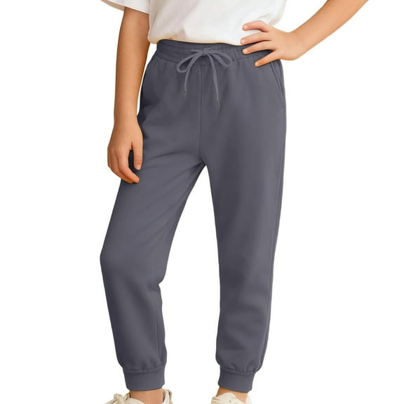 LPKRT Girls Solid Sweatpants Drawstring Waist Solid Color Jogger Pants Autumn Winter Casual Pants Dark Gray 7-8 Years