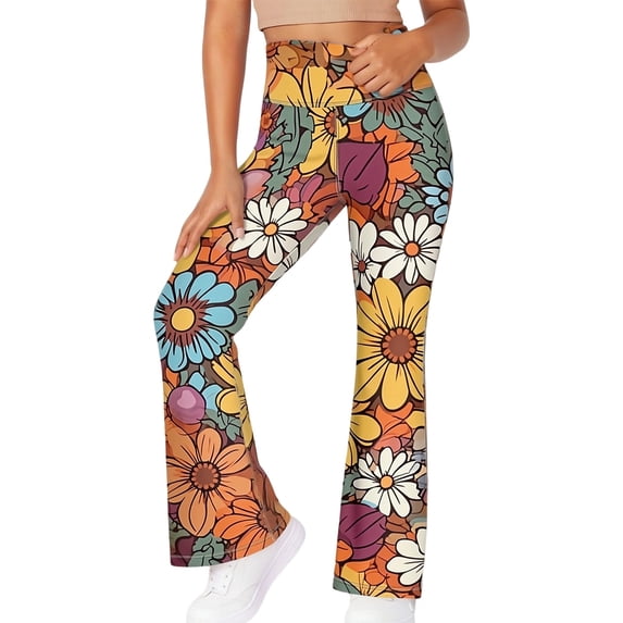 LPKRT Girls Stretch Yoga Pants High Waist Floral Print Flared Leggings Casual Workout Fashion Trousers Orange 3-4 Years