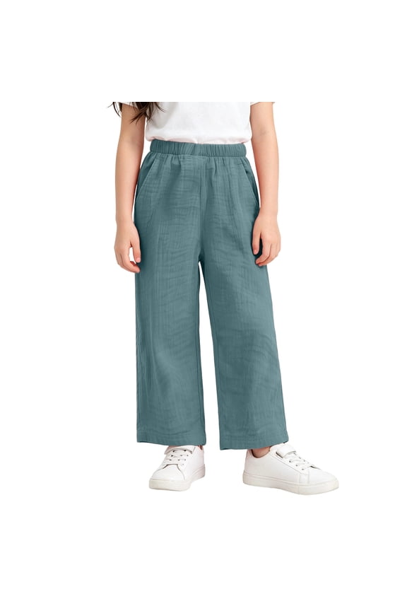Little Girls Crinkle Linen Casual Pants Solid Color Elastic Waist Loose Straight Leg Pants Summer Breathable Lounge Rousers Dark Green 5-6 Years
