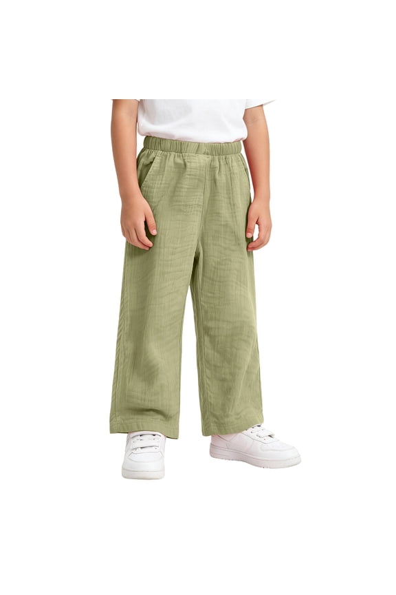 Little Girls Crinkle Linen Casual Pants Solid Color Elastic Waist Loose Straight Leg Pants Summer Breathable Lounge Rousers Green 5-6 Years