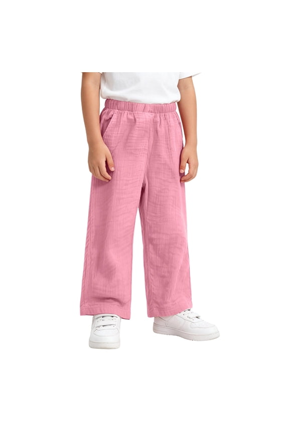 Little Girls Crinkle Linen Casual Pants Solid Color Elastic Waist Loose Straight Leg Pants Summer Breathable Lounge Rousers Light Pink 7-8 Years