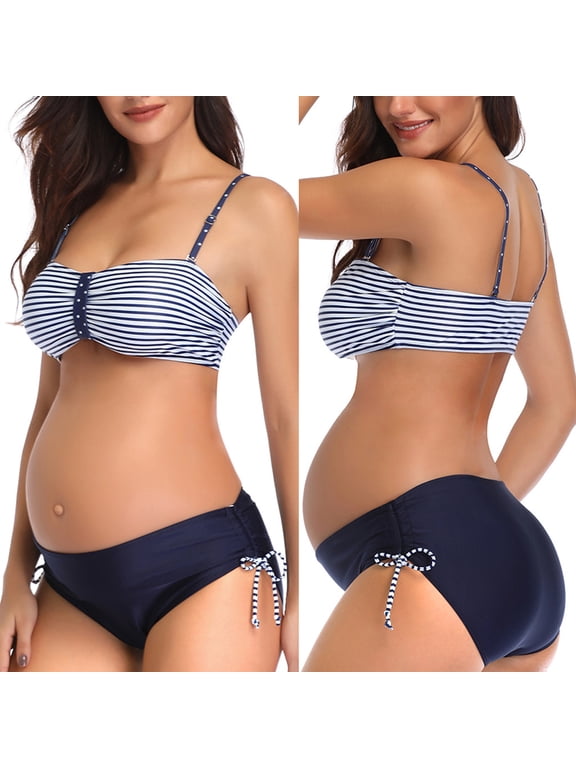 Maternity Two Piece Swimsuit with Button Detail - Striped Pregnancy Bikini Set with Adjustable Side Ties