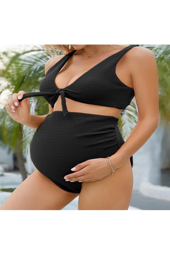 Maternity Two Piece Swimsuit with Knot Front - Ribbed High Waist Pregnancy Bikini Set with Cutout Detail