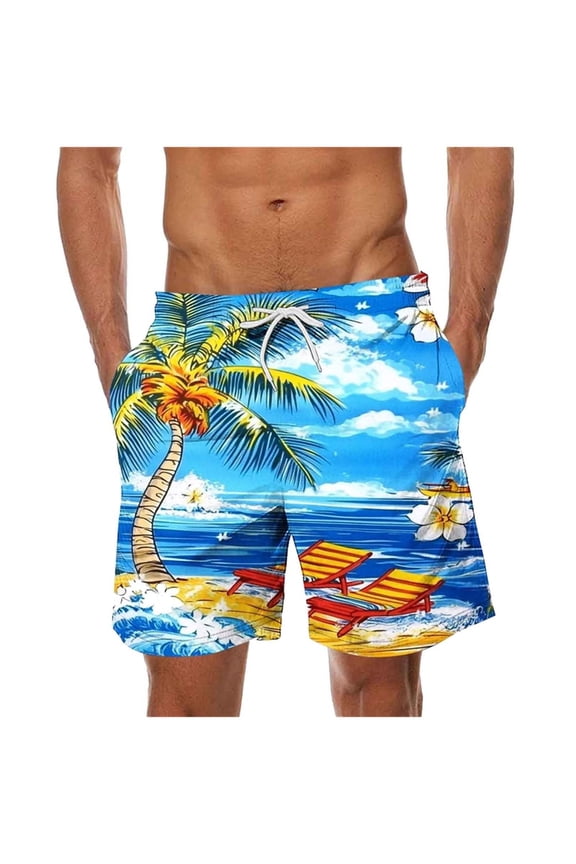 Men Custom Hawaiian Print Shorts - Elastic Waist Casual Bottoms, Lightweight Summer Pants(Blue-S)