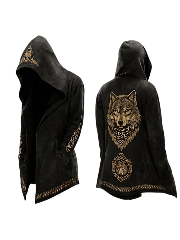 Men Norse Mythology Hooded Cardigan - Mid Length Zip Up Jacket, Casual Motorcycle Coat(Black-XL)