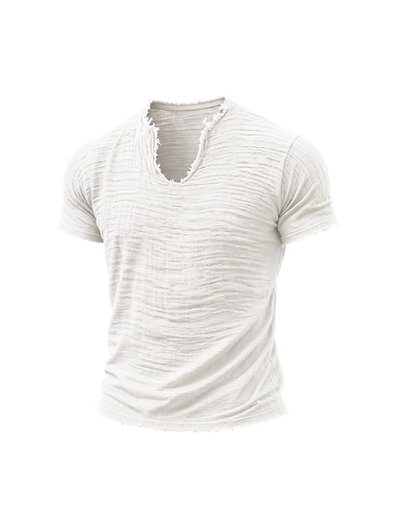 Men Plus Size V Neck T Shirt - Solid Raw Edge Short Sleeve Tee, Casual Loose Fit Top(White-L)
