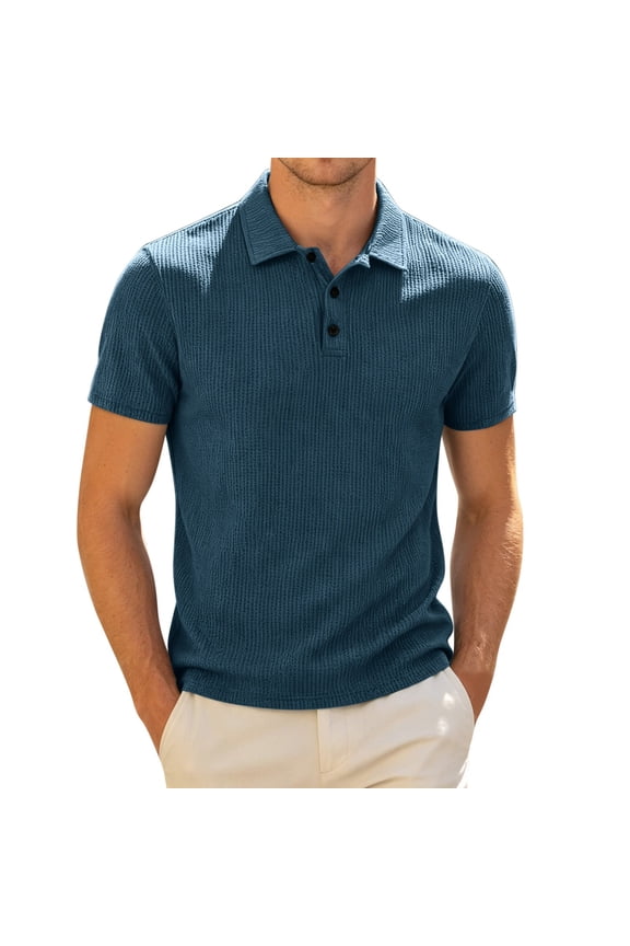 Men Solid Color Short Sleeve Polo Shirt - Classic Fit Casual Knit Top, Breathable Daily Wear(Blue-L)