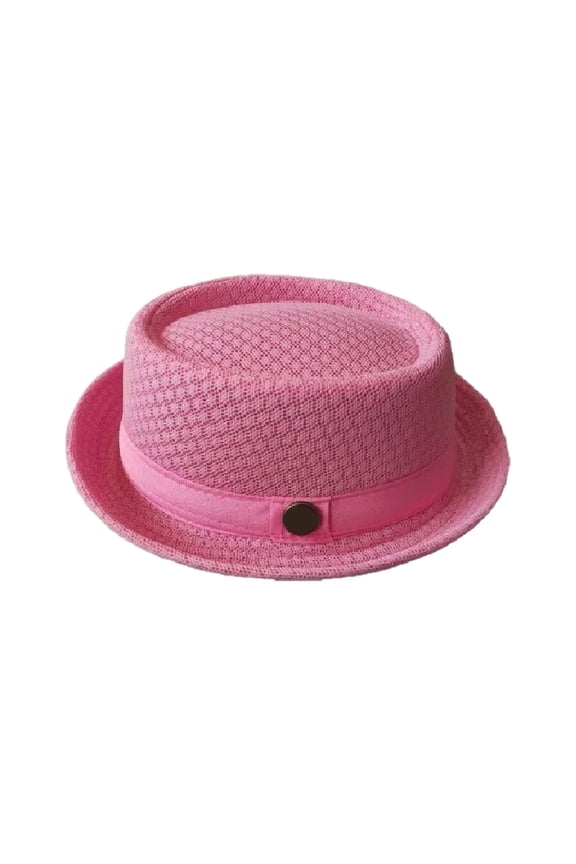 Mens Mesh Fedora Hat Lightweight Breathable Solid Pork Pie Hat Rolled Vintage Panama Sun Hat Pink