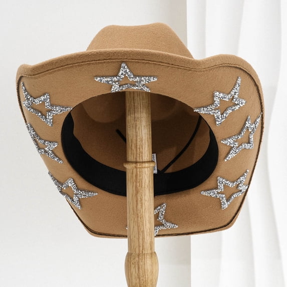 LPKRT Mens Womens Sparkly Star Cowboy Hat Adjustable Stylish Western Fedora Hat Sparkly Parties Panama Sun Hat Khaki