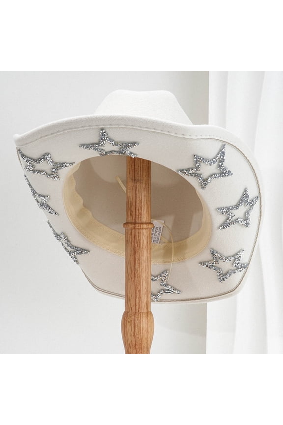 Mens Womens Sparkly Star Cowboy Hat Adjustable Stylish Western Fedora Hat Sparkly Parties Panama Sun Hat White