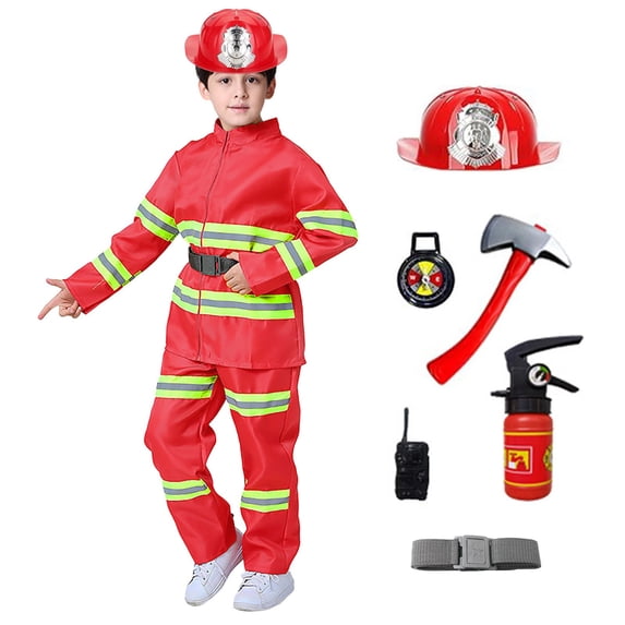 LPKRT Kids Role Play Outfit Set Firefighter Themed Clothing For Boys Complete Role Play Set With Tools And Accessories Red 12-13 Years
