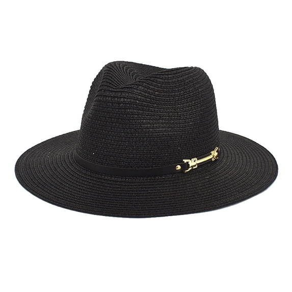 LPKRT Solid Straw Fedora Sun Hat Wide Brim Floppy Breathable Straw Hat Vintage Elegant Panama Hat Black