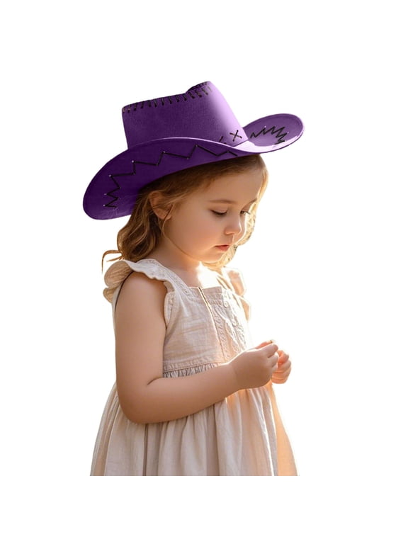 Toddler Kids Leather Western Cowboy Hat Classic Wide Brim Rolled Sun Cap Vintage Streetwear Fedora Hat Purple One Size