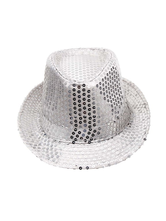 Unisex Sequins Fedora Hat Fashion Short Curved Brim Dance Cap Sparkly Glitter Lightweight Stage Performance Hats White One Size