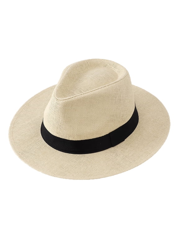 Unisex Woven Straw Fedora Hat Classic Breathable Wide Brim Panama Hat Foldable Sun Protaection Beach Hat For Summer Travel Beige One Size