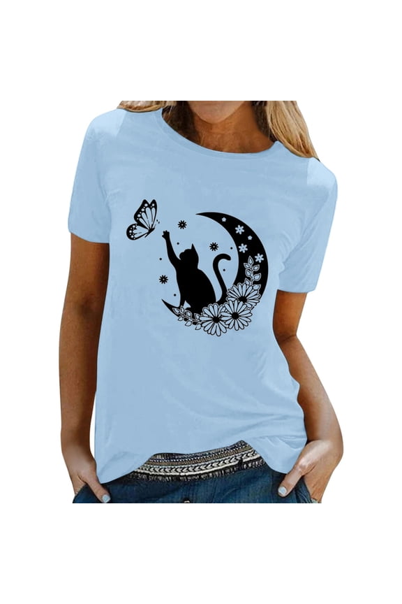 Women Cat Print Short Sleeve T Shirt - Crewneck Casual Top, Cute Summer Blouse(Blue-S)
