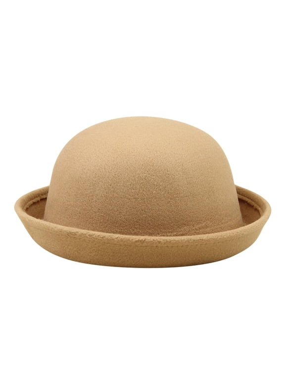 Women Classic Bowler Hat Round Short Rolled Edge Brim Solid Color Cap Lightweight Vintage Elegant Hat Khaki One Size