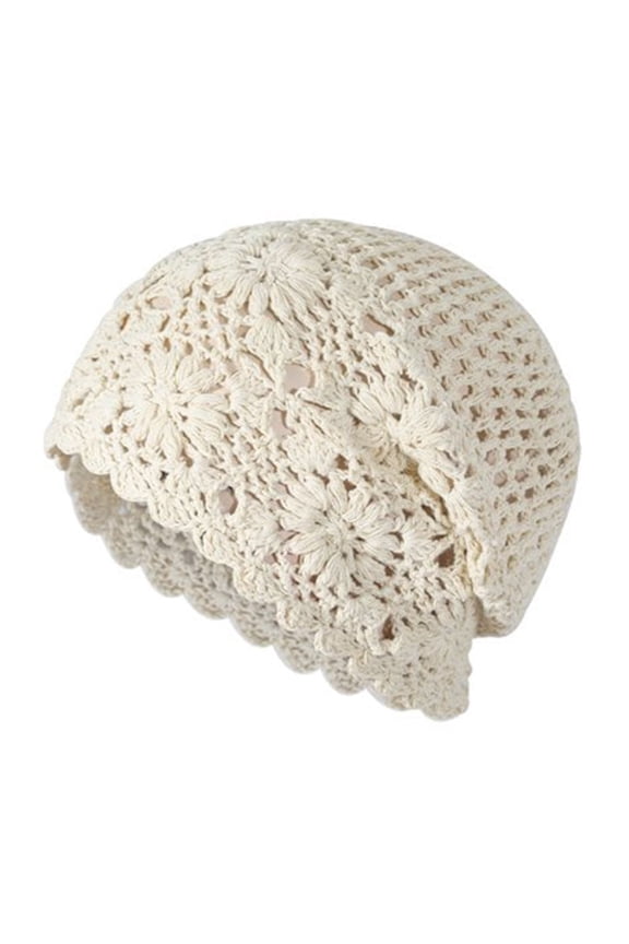 Women Floral Crochet Beanie Hat Soft Lightweight Skull Cap Fashion Boho Hollow Out Knit Hat Beige