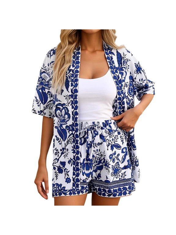 Women Floral Print Short Sleeve Shorts Set - Tie Waist Two Piece Outfit, Summer Beachwear(Navy-2XS)