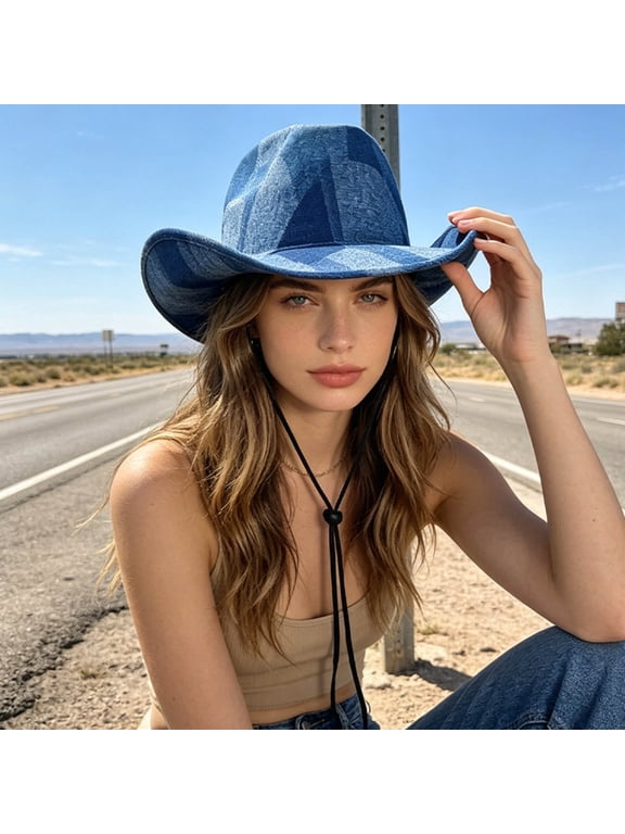 Women Patchwork Denim Cowboy Hat Wide Brim Western Adjustable Strap Fedora Hat Lightweight Uv Protection Outdoor Fedora Hat Light Blue
