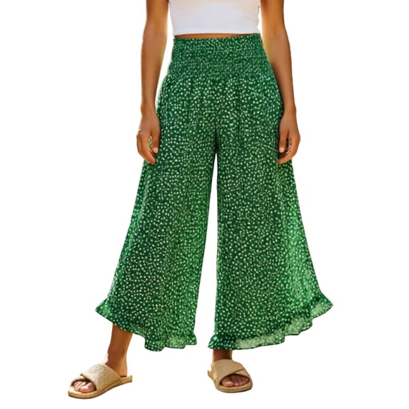 LPKRT Women Plus Size Polka Dot Pants - High Waist Wide Leg Trousers, Casual Flowy Summer Bottoms(Green-M)