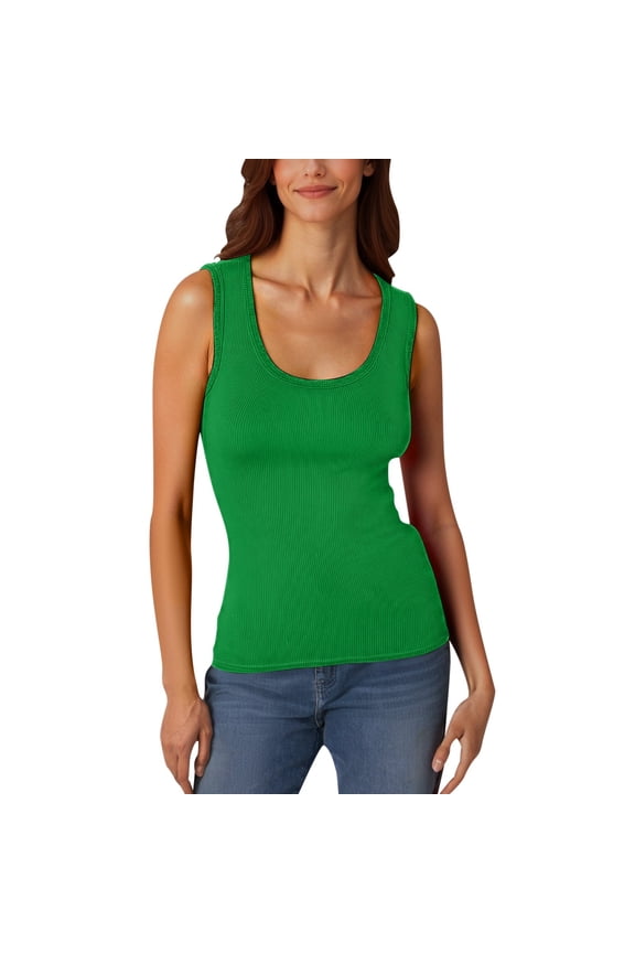 Women Ribbed Basic Tank Top - Low Round Neck Sleeveless Vest, Stretchy Form Fitting Tee(Green-M)