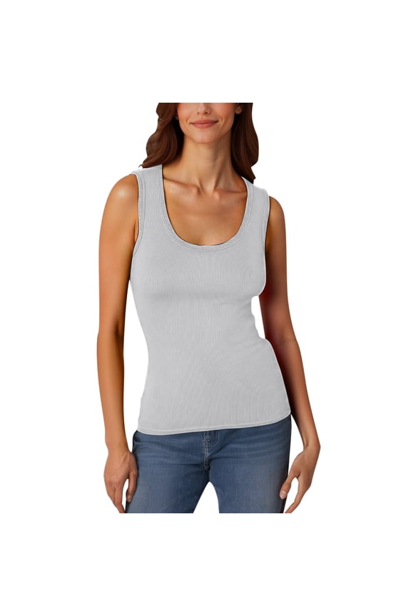 Women Ribbed Basic Tank Top - Low Round Neck Sleeveless Vest, Stretchy Form Fitting Tee(Grey-M)