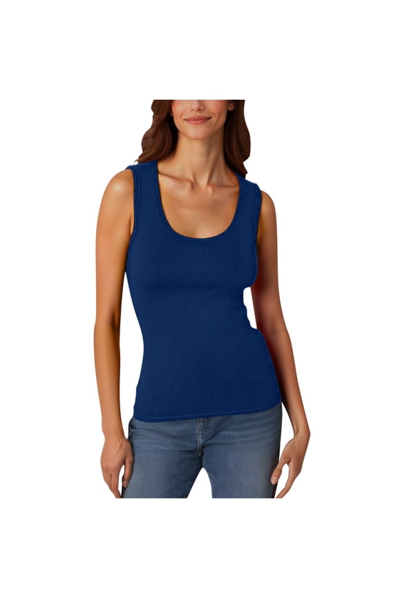 Women Ribbed Basic Tank Top - Low Round Neck Sleeveless Vest, Stretchy Form Fitting Tee(Navy-M)