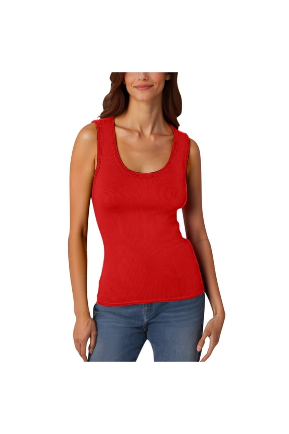 Women Ribbed Basic Tank Top - Low Round Neck Sleeveless Vest, Stretchy Form Fitting Tee(Red-M)
