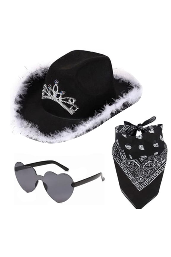 Women'S 3 Piece Hat Set Cowboy Hat With Sunglasses And Bandana Trendy Y2K Fedora Sun Hat Sets BK1
