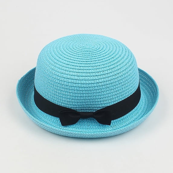 LPKRT Women'S Round Straw Sun Hat Breathable Short Brim Church Hats Uv Protection Vacation Hats Sky Blue