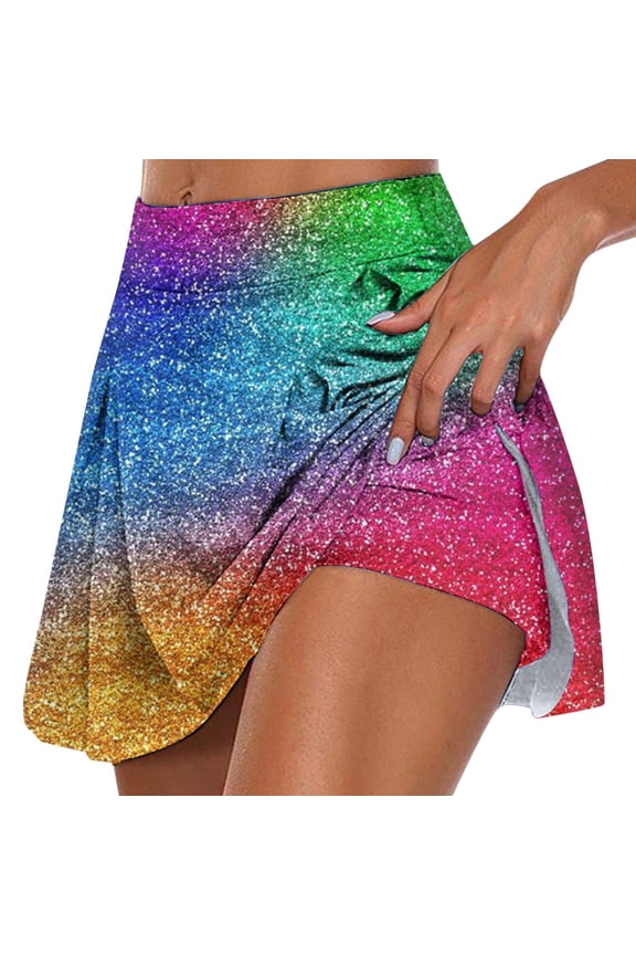 Women Sequin Print Casual Skort - Double Layer Gym Skirt With Elastic Waist, Festival Bottoms(Multicolour-M)